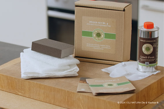 Das 6teilige OLI-NATURA Pflege-Set No.4 enthält alle Utensilien für den perfekten Schutz und die Pflege von Küchenbrettern, Abdeckungen und weiteren Holzutensilien