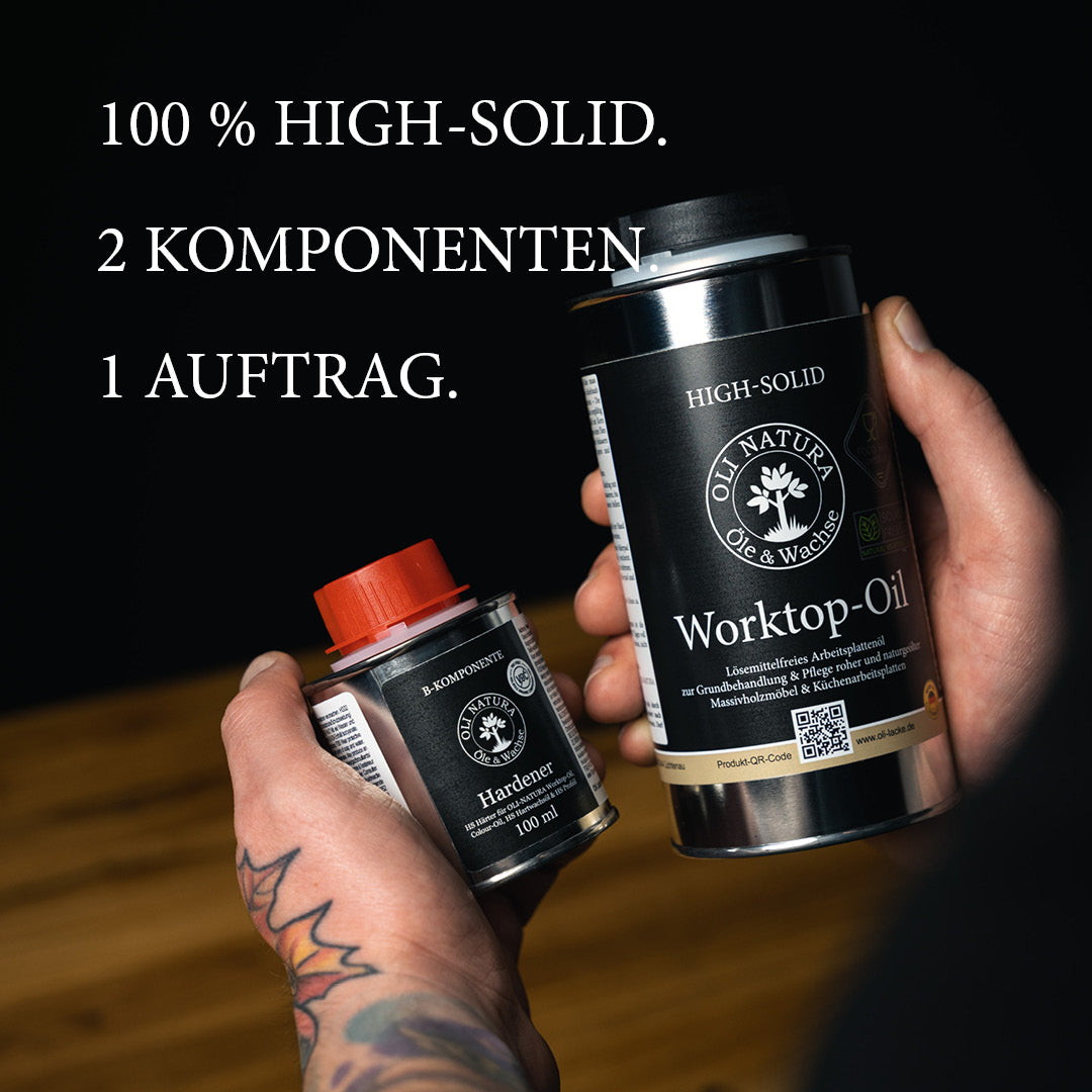 2K-Ölsystem aus Worktop-Oil und Hardener für Arbeitsplatten, Tische und River Tables