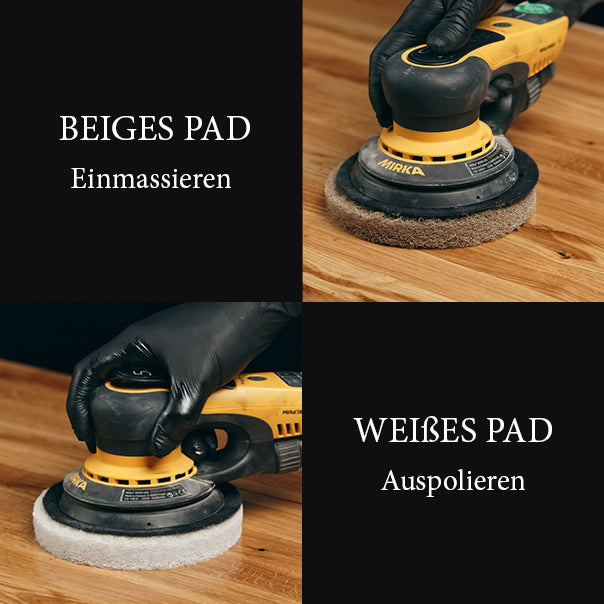 Verarbeitung mit beigem Massierpad und weißem Polierpad für gleichmäßige, ultramatte Oberflächen.