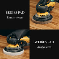 Verarbeitung mit beigem Massierpad und weißem Polierpad für gleichmäßige, ultramatte Oberflächen.