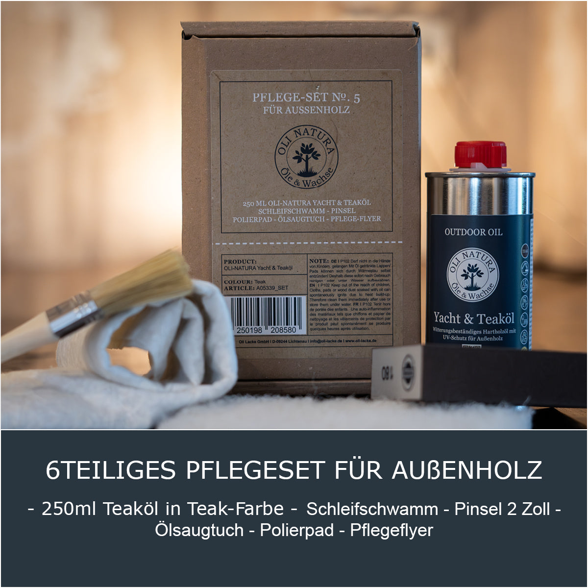 OLI-NATURA Pflege-Sedt No. 5 - •	Inhalt: 250ml Teaköl in Teak-Farbe, 1 Pinsel, 1 Pad, 1 Ölsaugtuch, 1 Schleifschwamm, Pflege-Flyer mit nützlichen Tipps zur Anwendung