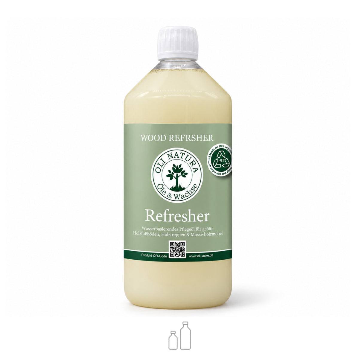 Refresher Pflegeöl für geöltes Holz in der 1-Liter-rPET-Flasche mit grünem Etikett von OLI-NATURA. 