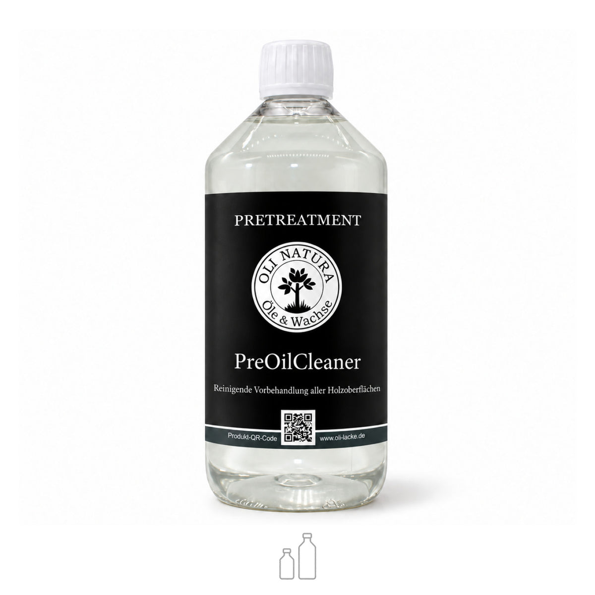 OLI NATURA® PreOilCleaner in der transparenten 1-Liter-Flasche mit schwarzem Etikett zur Holzvorbehandlung vor dem Ölen