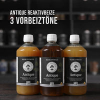 Drei Vorbeiztöne für unterschiedliche Alterungseffekte auf Eiche.