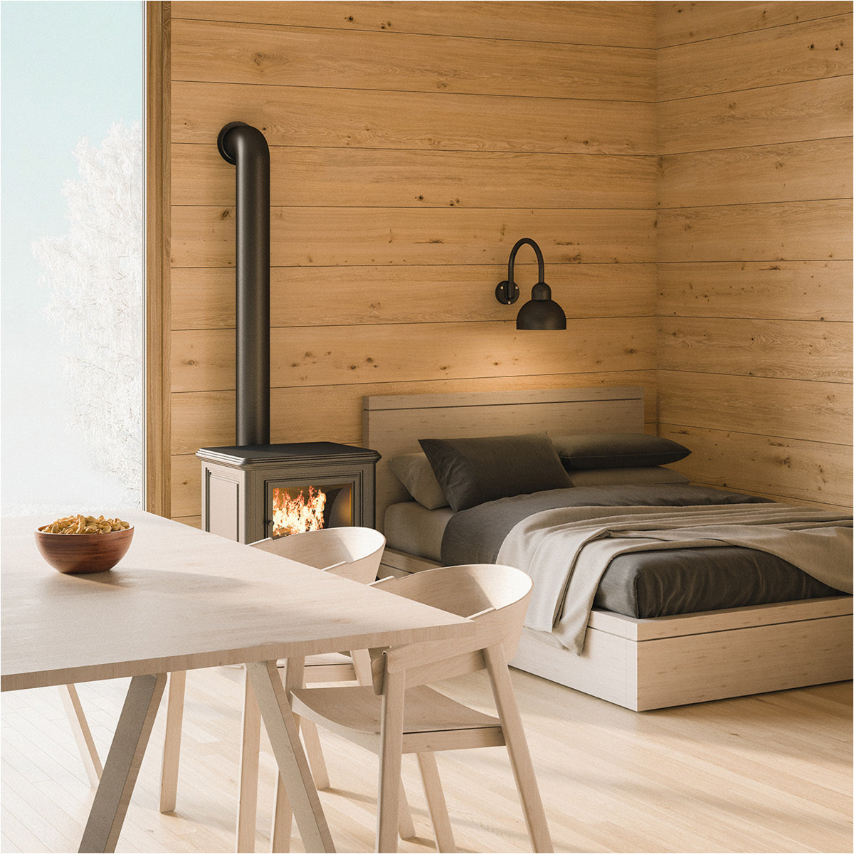 Wohnraum mit hellen Holzmöbeln, Holzwänden und Kaminofen als Inspiration für natürliche Holzgestaltung im Innenbereich