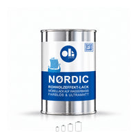 OLI LACKE NORDIC Rohholzeffekt-Lack, farblos und ultramatt, im 1-Liter-Weißblechgebinde vor weißem Hintergrund