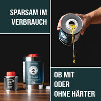 Text: HS Profi Oil – sparsam im Verbrauch, flexibel verarbeitbar mit oder ohne Härter.