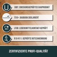 OLI-NATURA HS Profi Oil – zertifizierte Qualität: emissionsgeprüft, lebensmittelkontakt-geprüft, rutschhemmend und ökologisch gelistet.