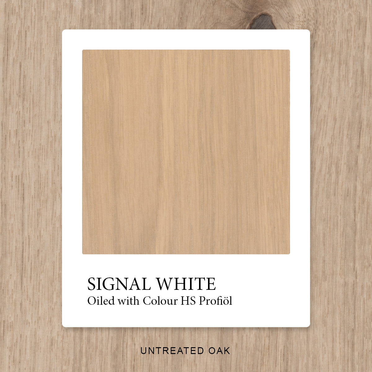 Eiche mit HS Profiöl COLOUR Signal White geölt, vor unbehandelter Eiche als Vergleichshintergrund