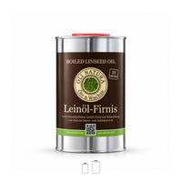 OLI NATURA Leinöl-Firnis im 1-Liter-Weißblechgebinde mit braunem Etikett und rotem Verschluss, frontal vor weißem Hintergrund
