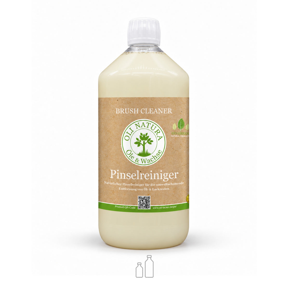 OLI NATURA® Pinselreiniger mit Symbol für zwei verfügbare Gebindegrößen