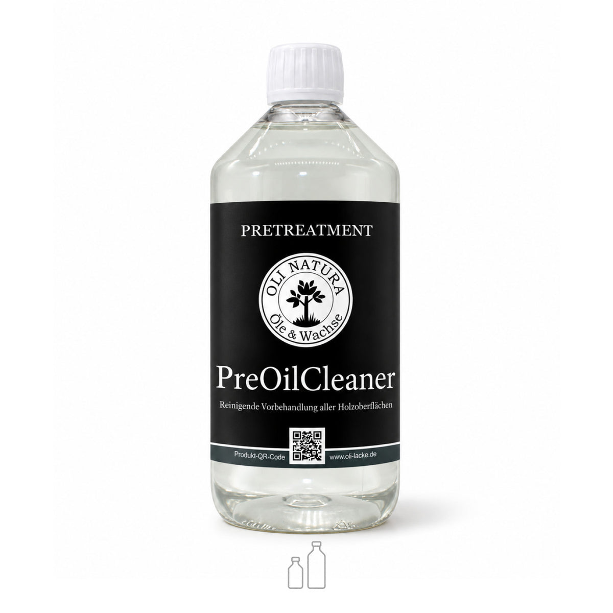 OLI NATURA® PreOilCleaner in der transparenten 1-Liter-Flasche mit schwarzem Etikett zur Holzvorbehandlung vor dem Ölen