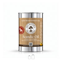 OLI NATURA Scandic-Oil for Furniture im 1-Liter-Weißblechgebinde mit Etikett in Holzoptik, frontal vor weißem Hintergrund