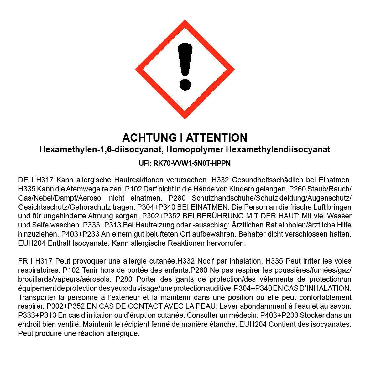 Gefahrenkennzeichnung für OLI-NATURA Hardener mit GHS07-Piktogramm und Sicherheitshinweisen auf Deutsch und Französisch