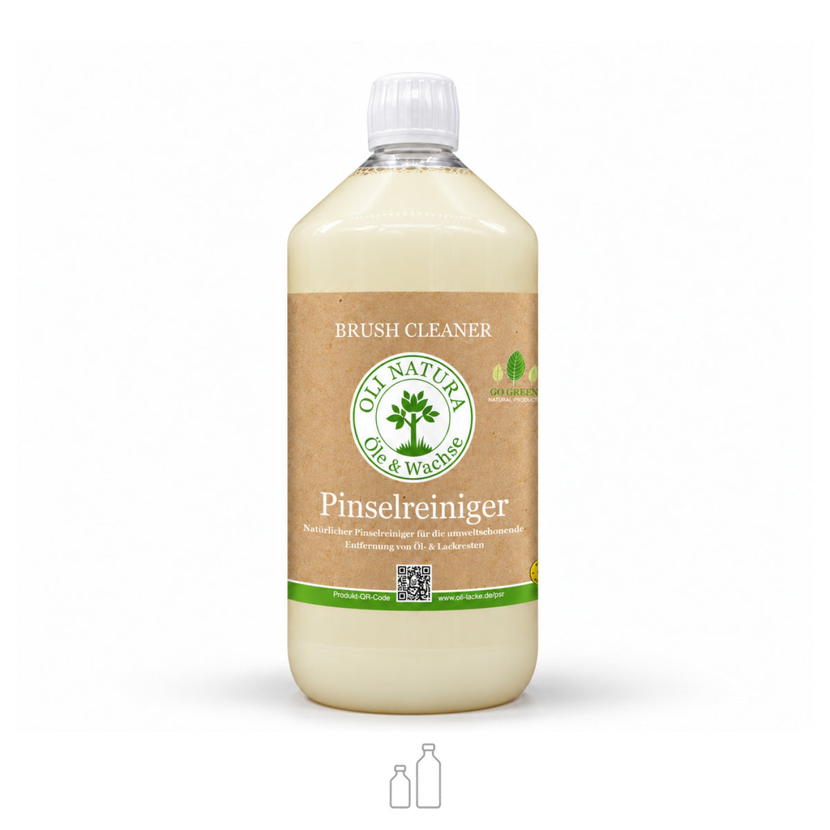  Pinselreiniger zum Reinigen von Werkzeugen mit Symbol für zwei verfügbare Gebindegrößen von OLI NATURA®