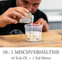 Mischverhältnis 10:1 bei Verwendung von OLI-NATURA H2O-Hardener mit Scandic-Oil Holzöl