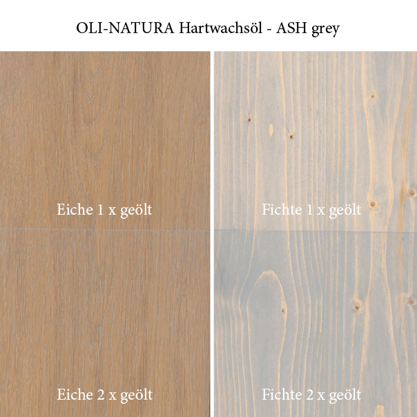 Farbwirkung von OLI-NATURA Hartwachsöl ASH grey auf Eiche und Fichte bei ein- und zweimaligem Auftrag