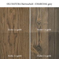 Farbwirkung von OLI-NATURA Hartwachsöl CHARCOAL grey auf Eiche und Fichte bei ein- und zweimaligem Auftrag