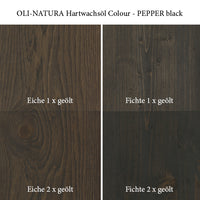 Farbwirkung von OLI-NATURA Hartwachsöl PEPPER black auf Eiche und Fichte bei ein- und zweimaligem Auftrag