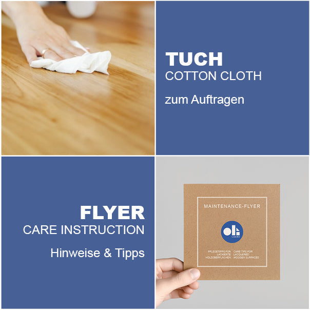 Das Set enthält ein weiches 45x45 cm Jersey-Baumwolltuch und einen deutsch-englischen Pflege-Flyer mit Produktinfos, Anleitung und QR-Code zum Anwendungsvideo. 