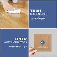 Das Set enthält ein weiches 45x45 cm Jersey-Baumwolltuch und einen deutsch-englischen Pflege-Flyer mit Produktinfos, Anleitung und QR-Code zum Anwendungsvideo. 